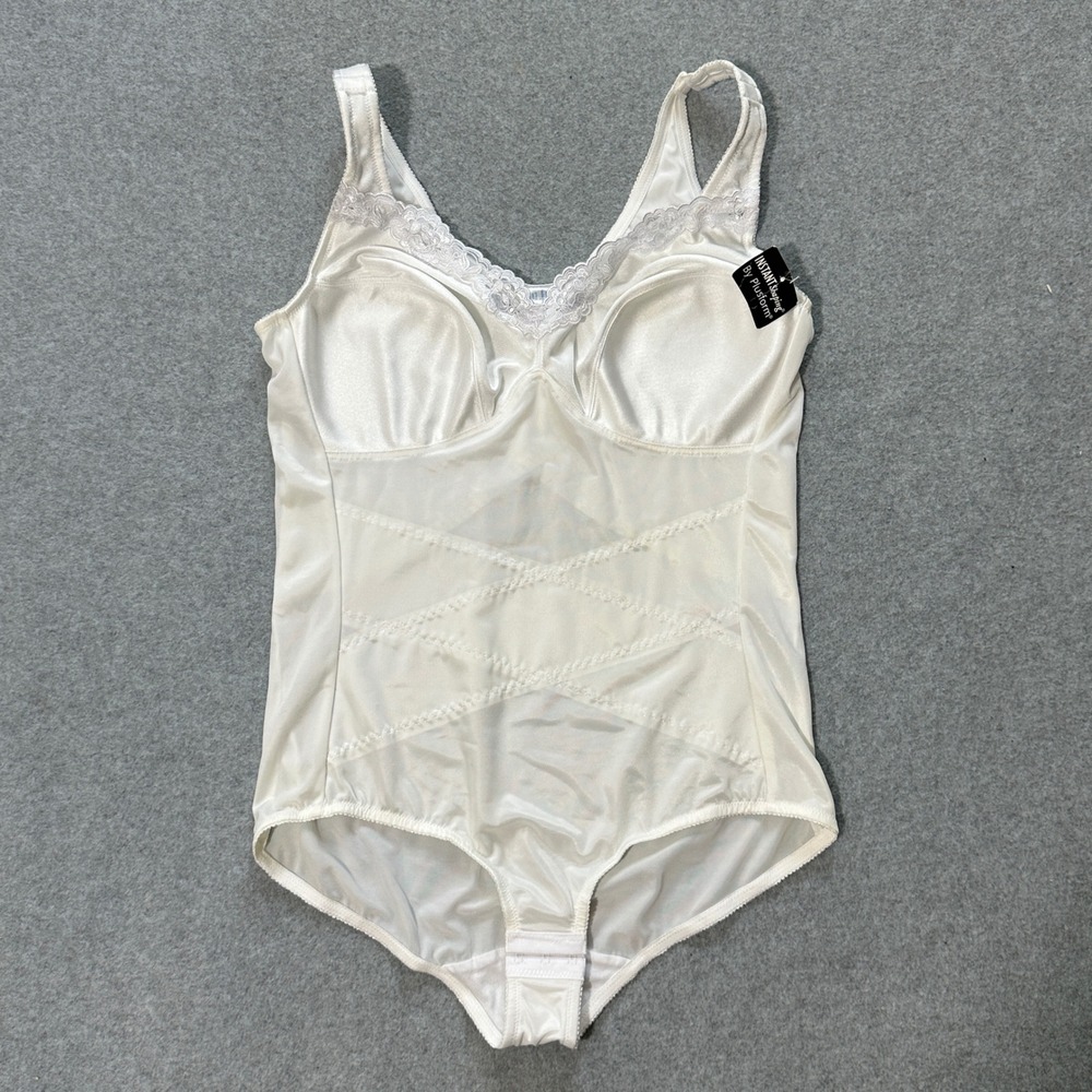 VTG Instant Shaping Plusform 40B White Lace Trim Bodysuit Shapewear Lingerie